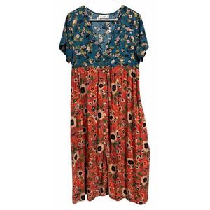 Natural Life Floral Short Sleeve Button Up Maxi Dress Women's Size Medium